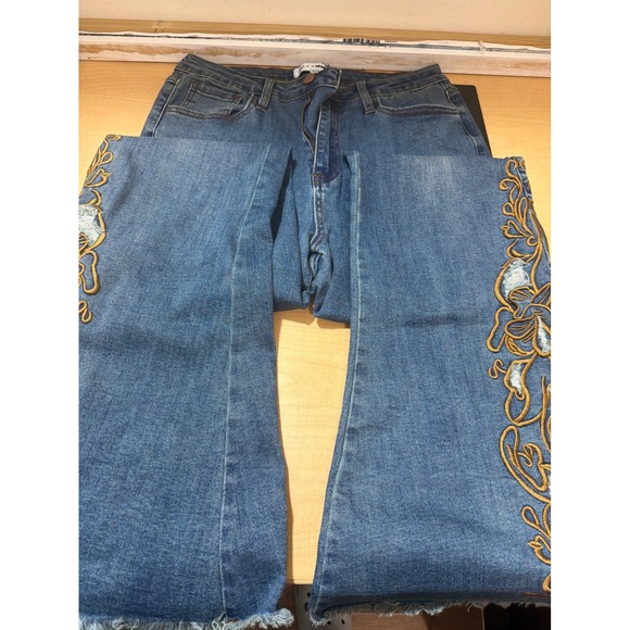 Fashion Nova Denim - Fashion Nova Embroidered Flare Jeans Medium Wash Distressed Raw Hem Size 11